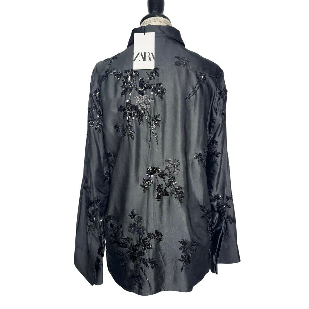 Zara | Women | Emerald Green Satin Floral Sequin LS Button Up Blouse | Small - Picture 3 of 16
